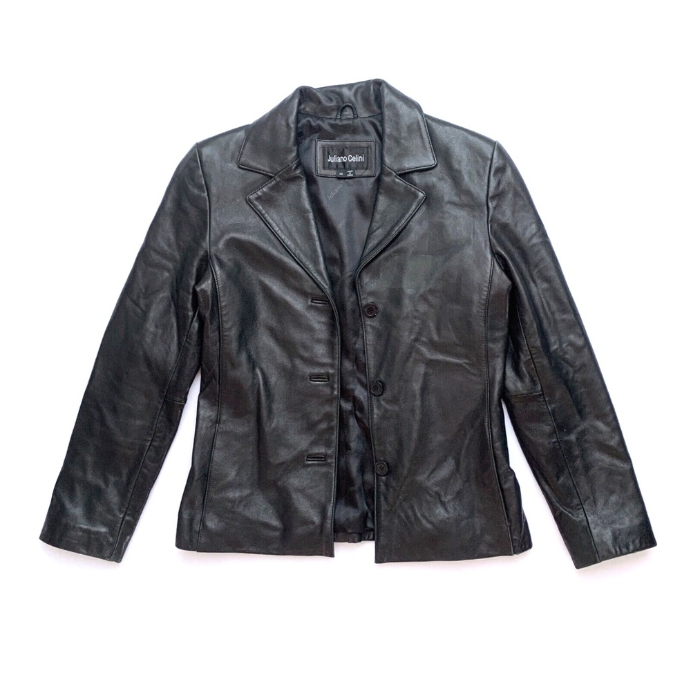 Vintage 90s Juliano Celini Soft Black Leather Button Up Fitted Jacket Blazer XS